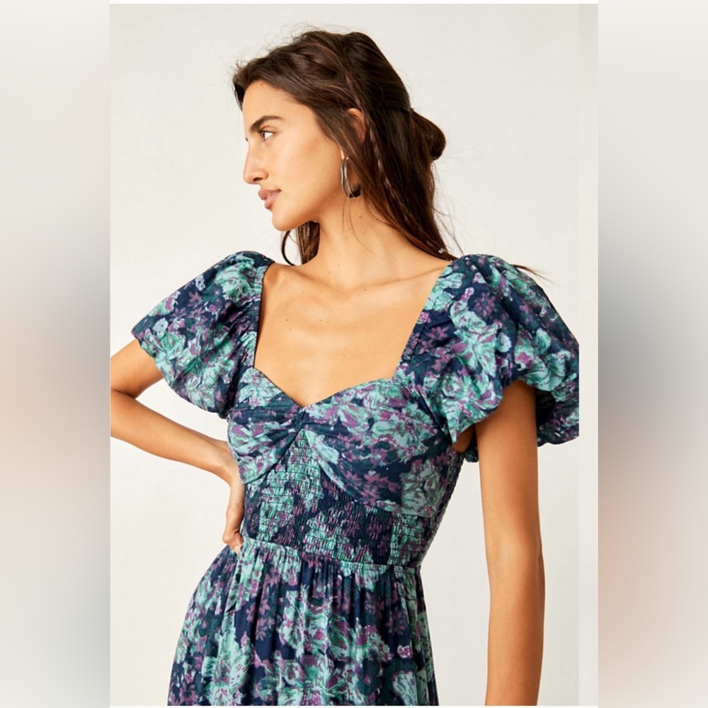 Free People Navy Floral Maxi Dress with Teal & Purple Accents - Picture 3 of 8